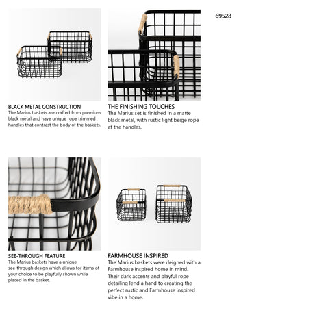 Marius (Set of 2) Matte Black Metal W/ Rope Trim Rectangular Baskets from Mercana - Luna Furniture