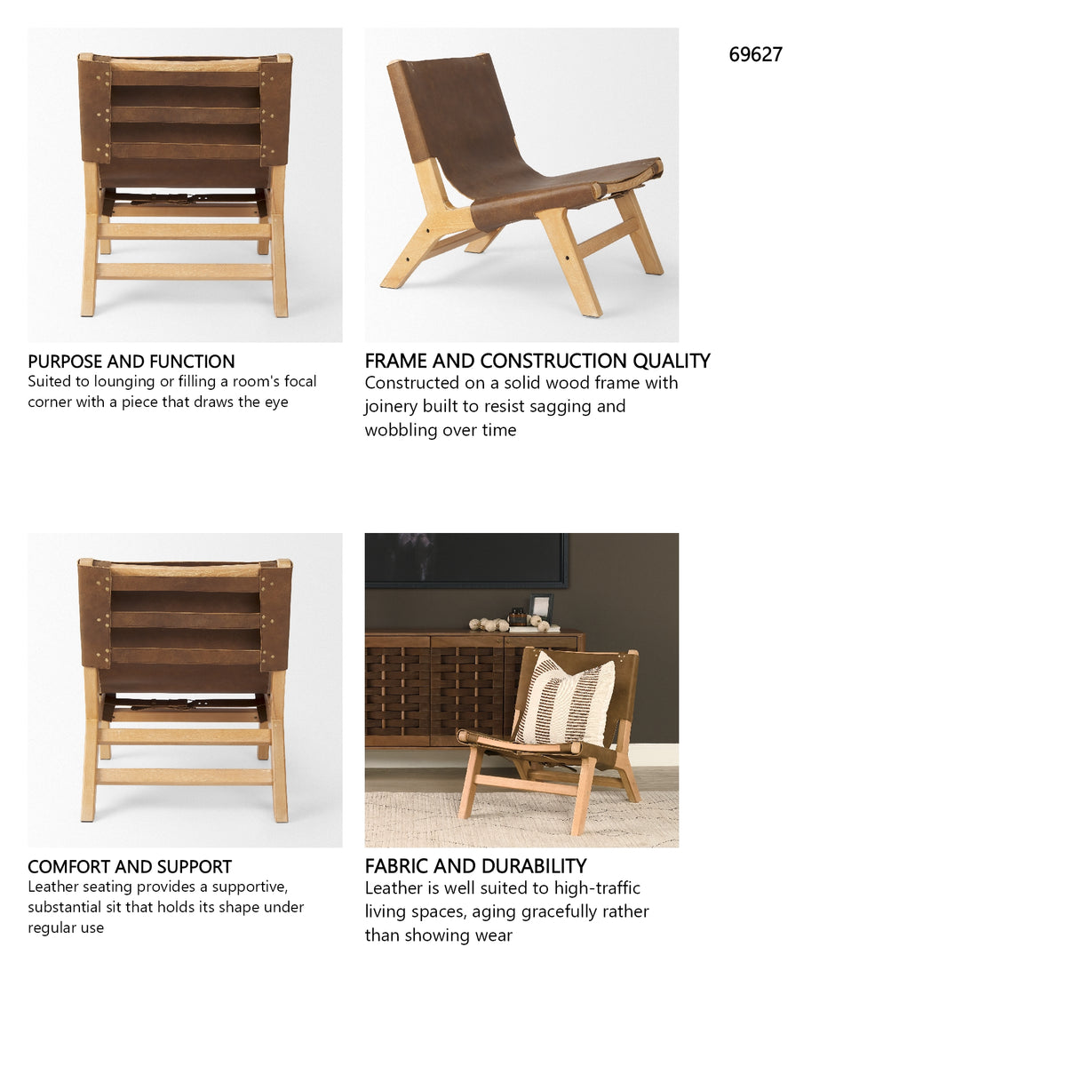 Elodie 24.4L x 33.9W x 30.7H Brown Leather W/Natural Beech Wood Frame Accent Chair from Mercana - Luna Furniture