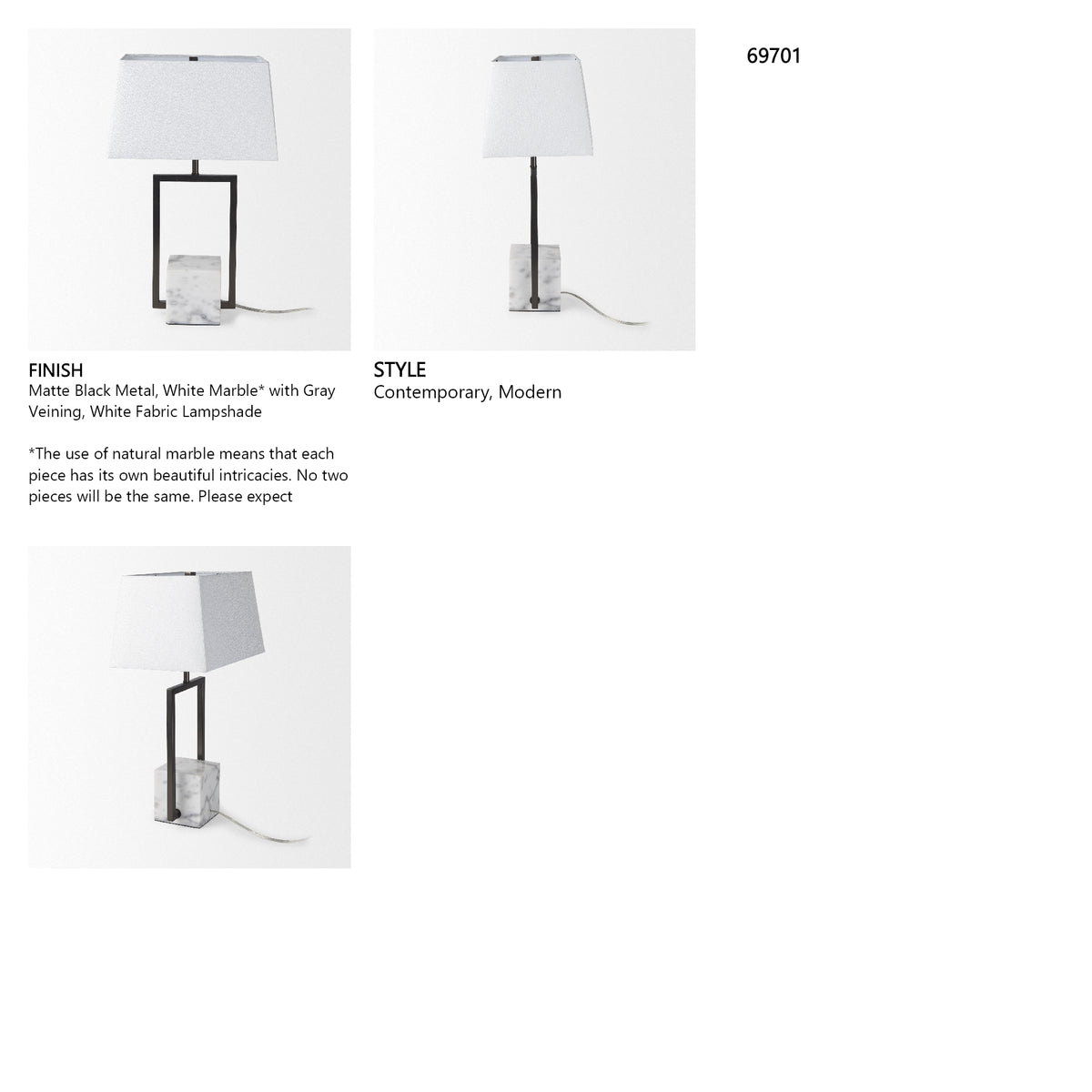Peyton 14.0L x 9.0W x 26.2H Black Metal W/Marble Cube and White Shade Table Lamp from Mercana - Luna Furniture
