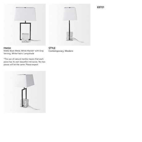 Peyton 14.0L x 9.0W x 26.2H Black Metal W/Marble Cube and White Shade Table Lamp from Mercana - Luna Furniture