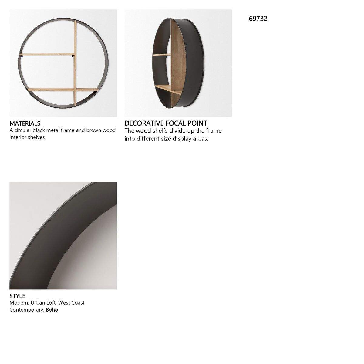 Hector 36.0L x 7.0W x 36.0H Brown Wood W/ Black Metal Round Wall Shelf from Mercana - Luna Furniture