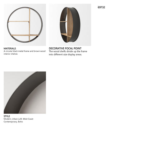 Hector 36.0L x 7.0W x 36.0H Brown Wood W/ Black Metal Round Wall Shelf from Mercana - Luna Furniture