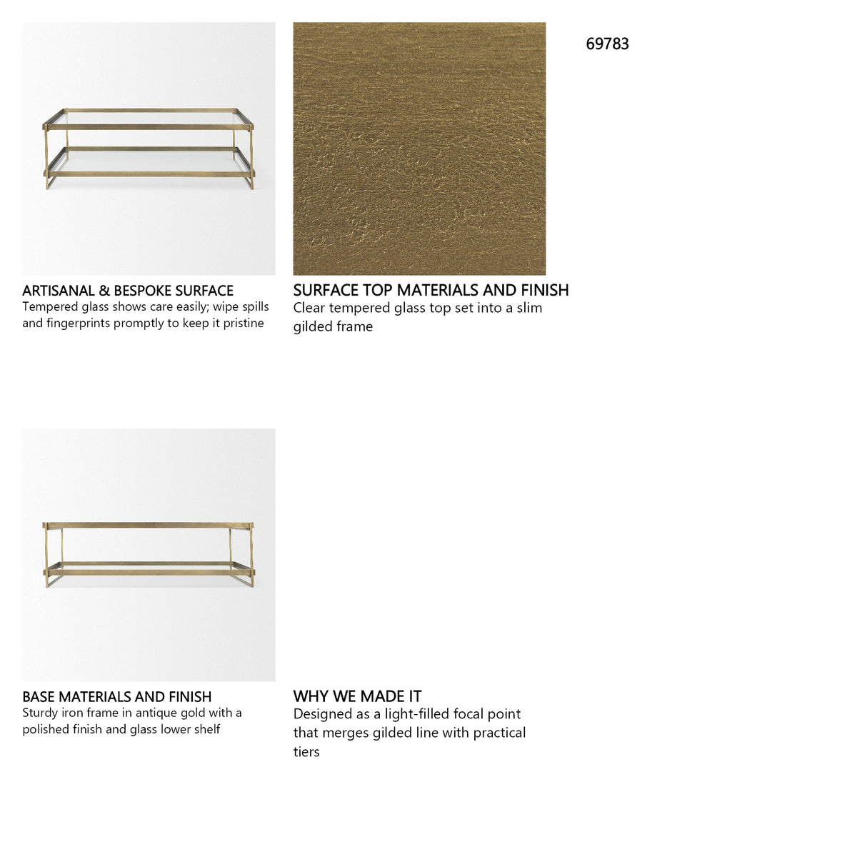 Trey 56.0L x 32.0W x 17.0H Gold Metal W/Glass Coffee table