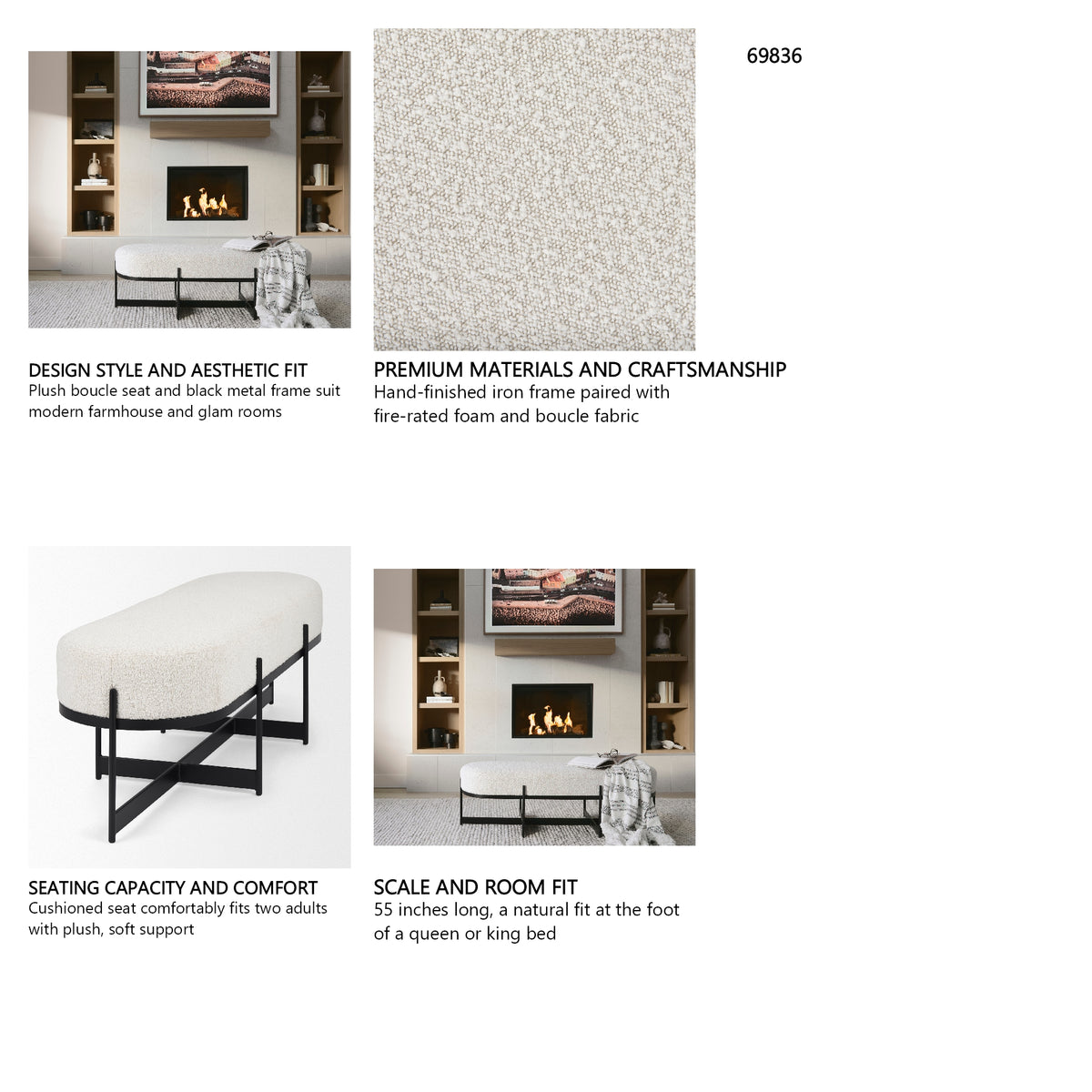 Amelia 55.0L x 18.0W x 18.0H Cream Boucle W/Black Metal Upholstered Bench from Mercana - Luna Furniture
