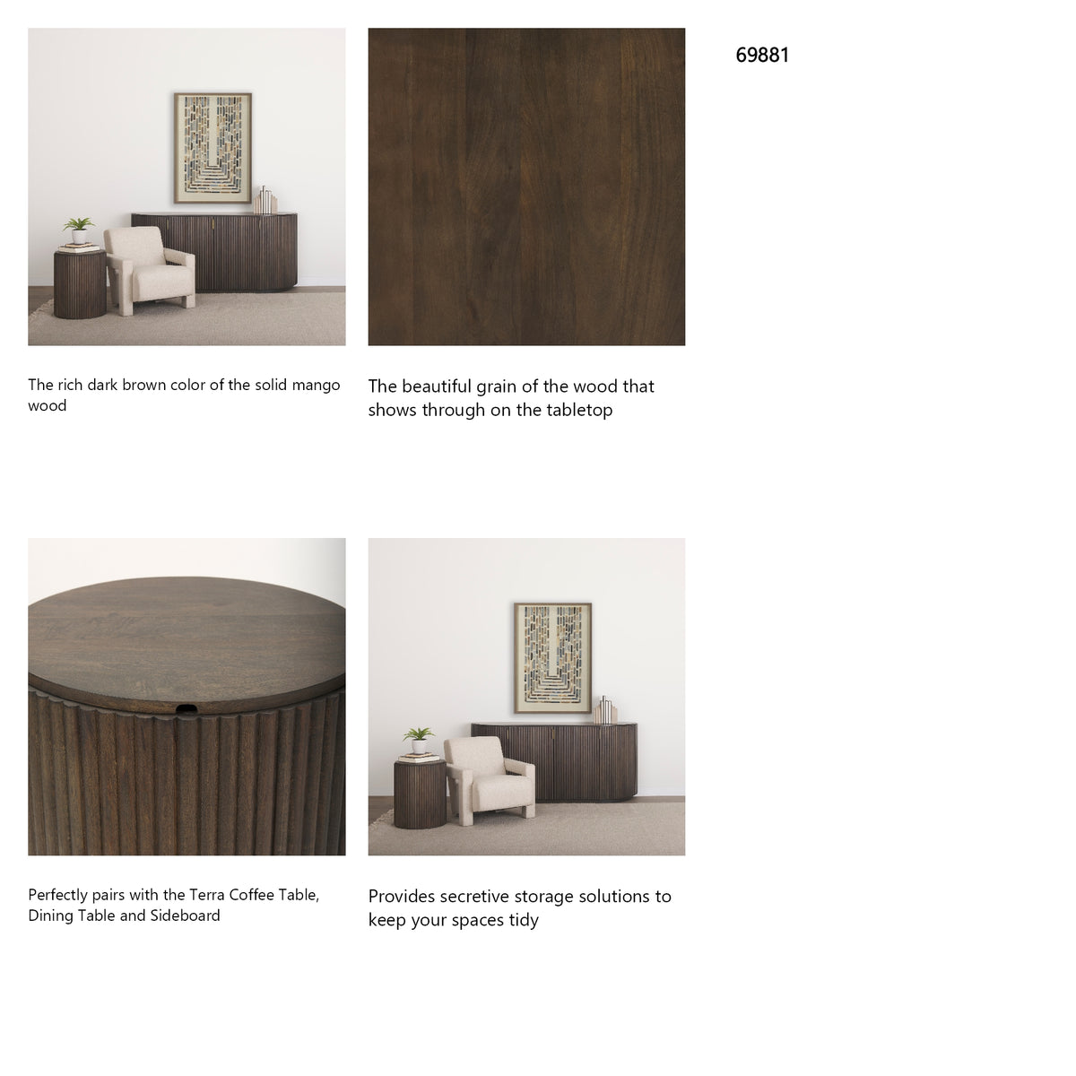 Terra 18L x 18W x 22H Dark Brown Wood Fluted Round Side Table from Mercana - Luna Furniture