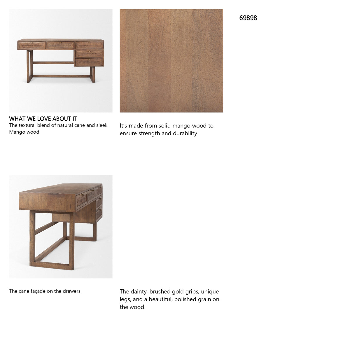 Grier 60" Medium Brown Solid Wood W/ Cane Office Desk from Mercana - Luna Furniture