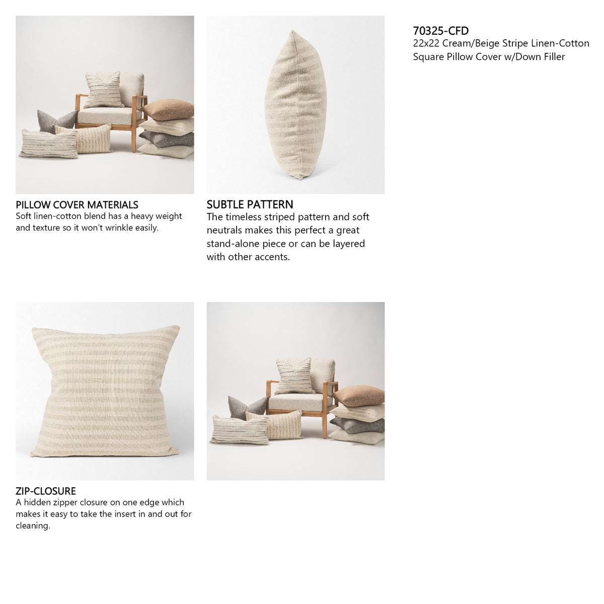 Jace 22x22 Cream/Beige Stripe Linen-Cotton Square Pillow Cover w/Down Filler, Set of 2 from Mercana - Luna Furniture