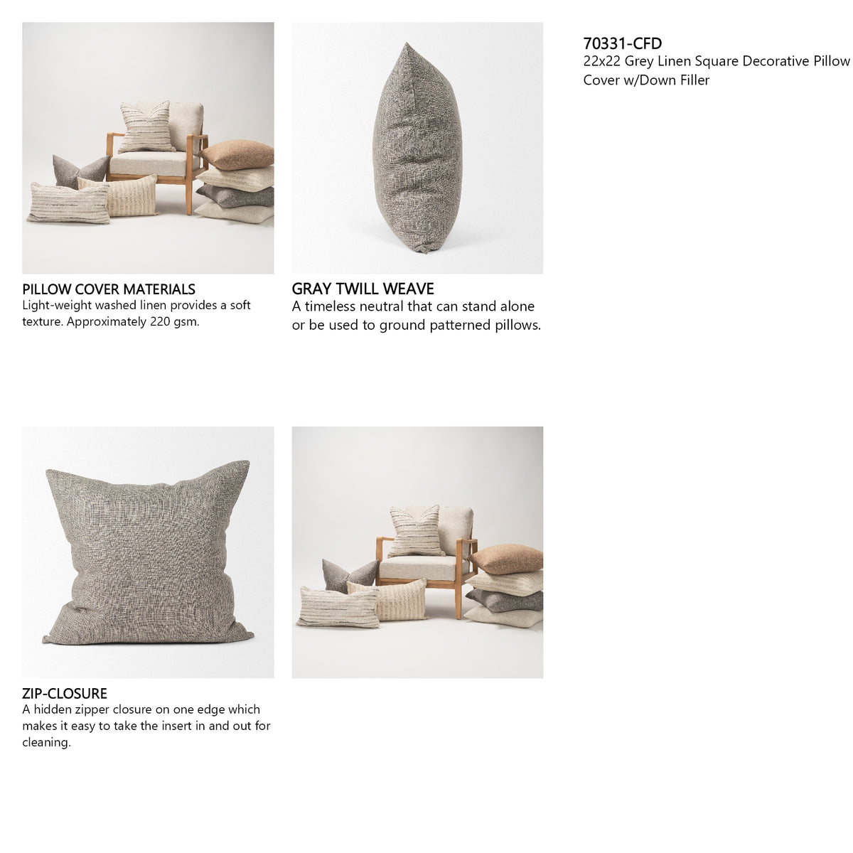 Jacklyn Grey Linen Square Decorative Pillow Cover w/Down Filler, Set of 2 from Mercana - Luna Furniture