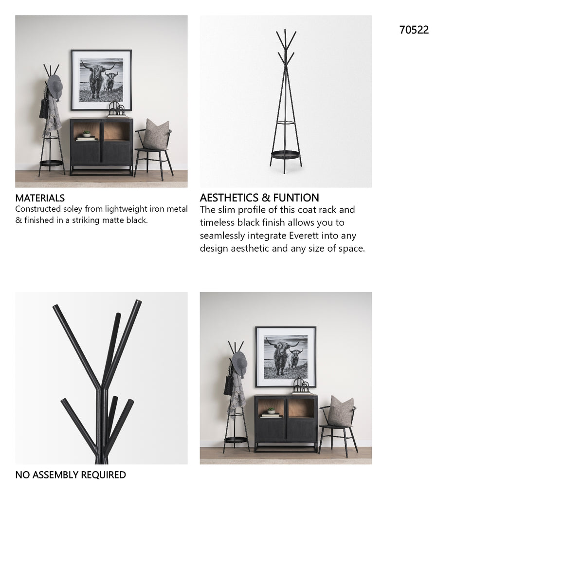 Everett Matte Black Metal w/ Two Metal Shelves Coat Rack