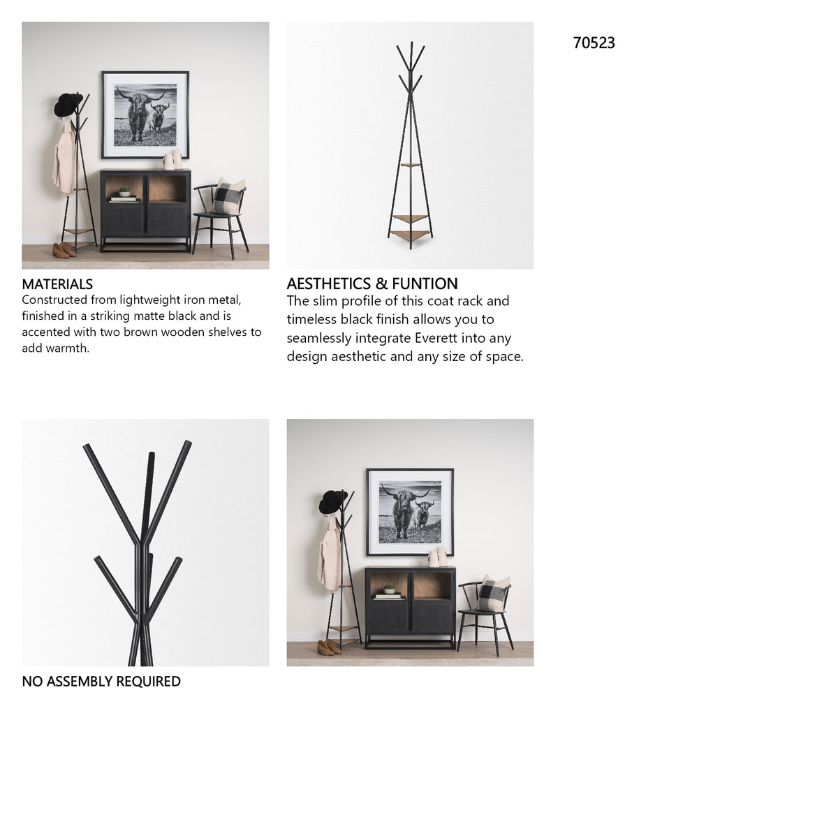 Everett Matte Black Metal w/ Two Wood Shelves Coat Rack
