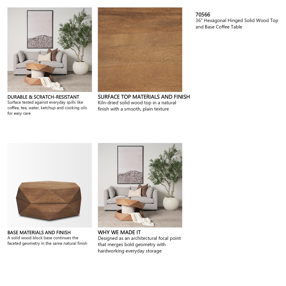 Arreto 36" Hexagonal Hinged Solid Wood Top and Base Coffee Table from Mercana - Luna Furniture