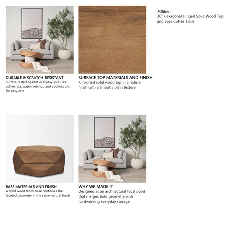 Arreto 36" Hexagonal Hinged Solid Wood Top and Base Coffee Table from Mercana - Luna Furniture