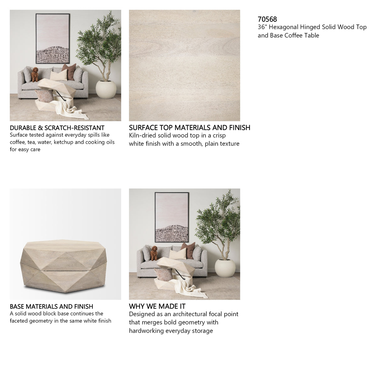 Arreto 36" Hexagonal Hinged Solid Wood Top and Base Coffee Table from Mercana - Luna Furniture