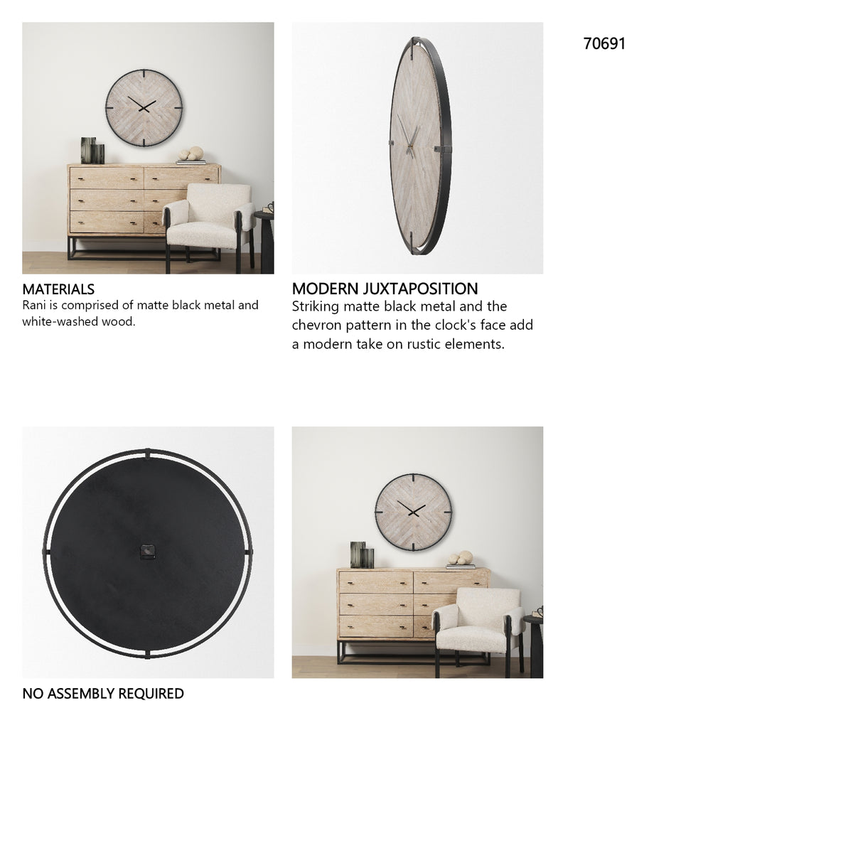 Rani Matte Black Metal w/ Wood Wall Clock from Mercana - Luna Furniture