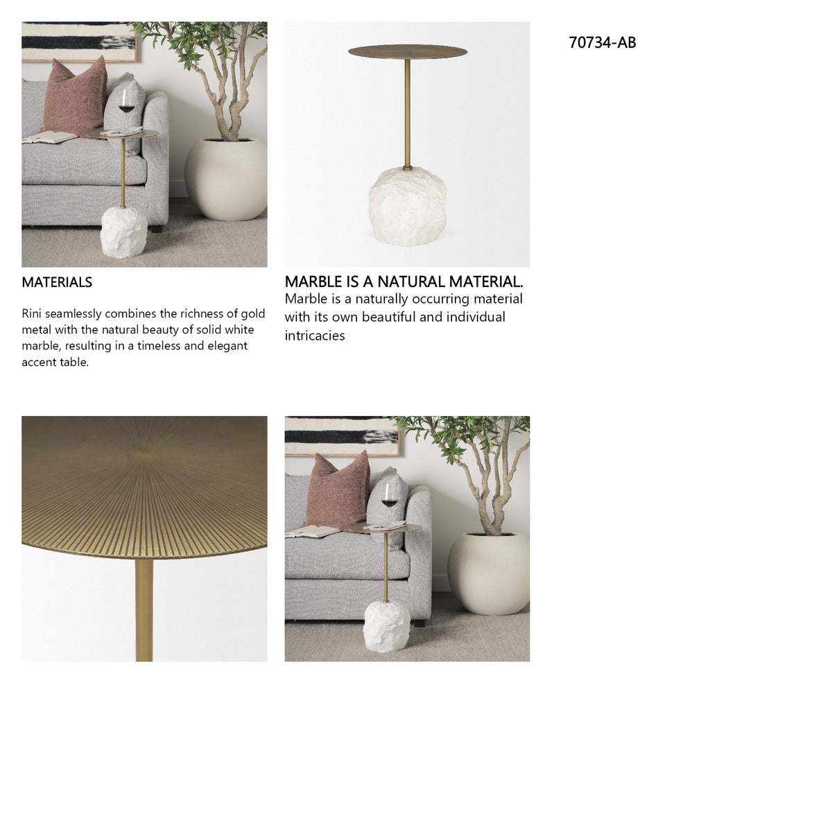 Rini Gold Metal and White Marble Accent Table