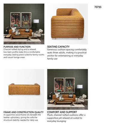 Ricciardo Cognac Leather Three Seater Sofa 82.5L x 38.5W x 26.5H from Mercana - Luna Furniture