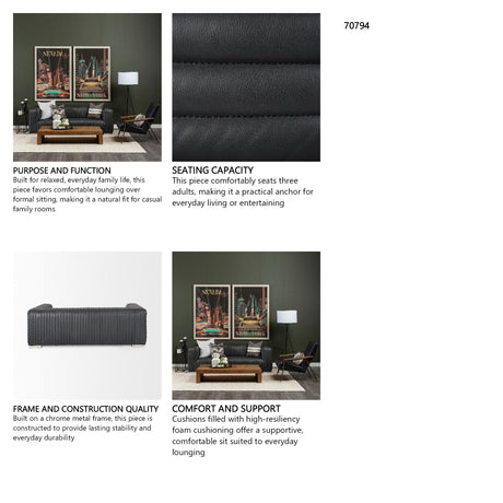Ricciardo Black Leather Wrapped Three Seater Sofa 82.5L x 38.5W x 26.5H from Mercana - Luna Furniture
