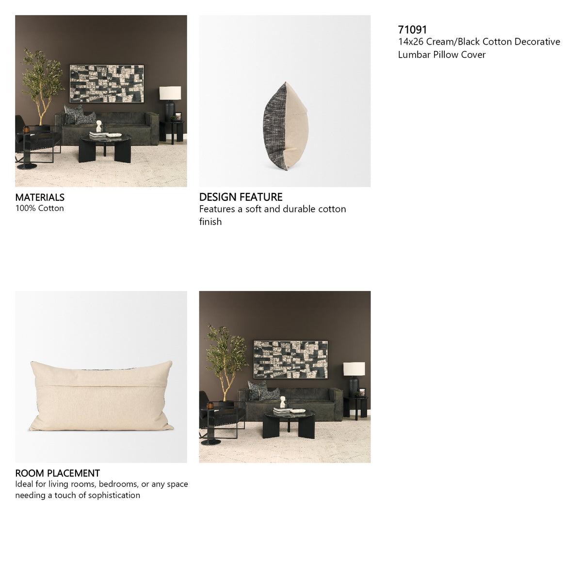 Jalia Cream and Black Cotton Decorative Lumbar Pillow Cover from Mercana - Luna Furniture