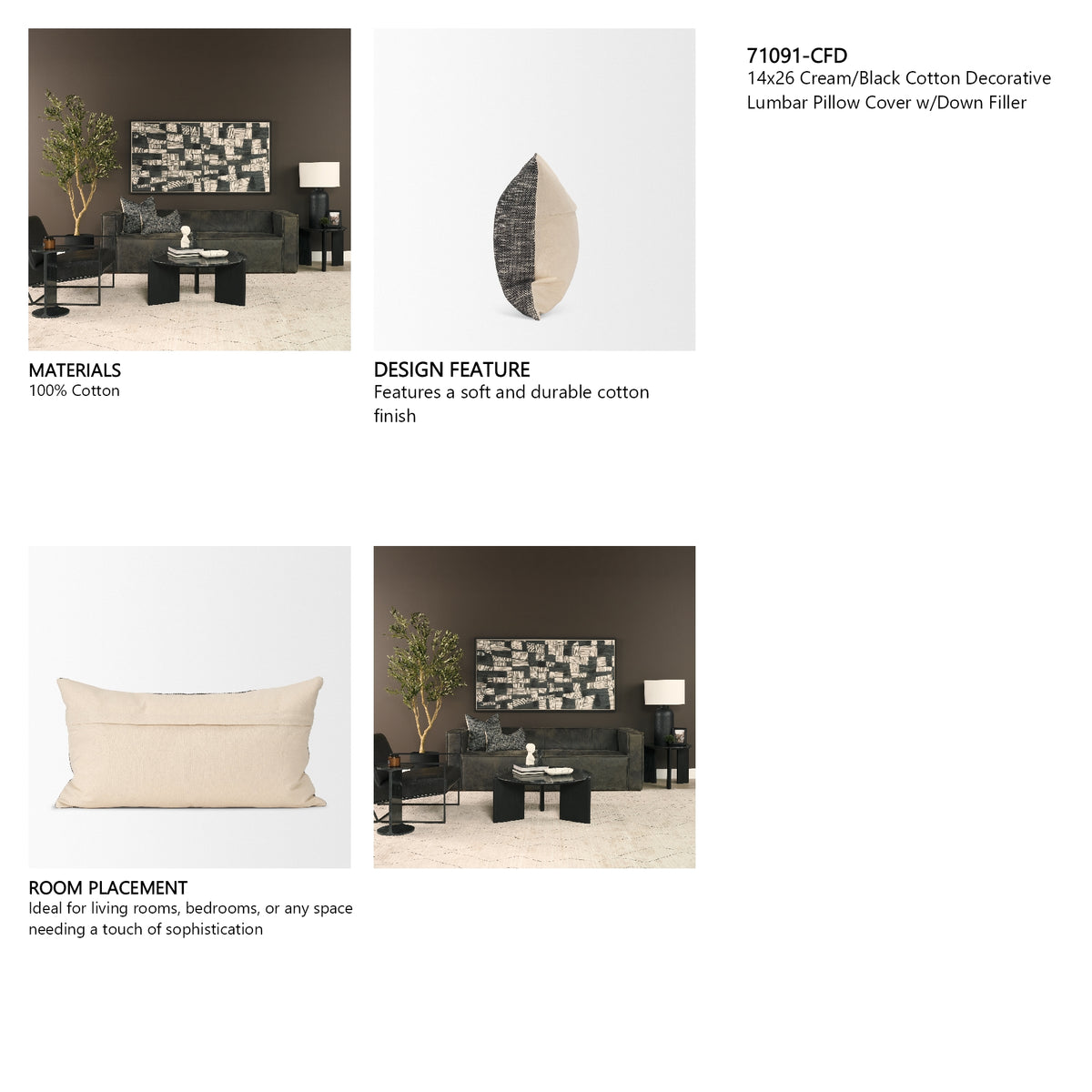 Jalia 14x26 Cream/Black Cotton Decorative Lumbar Pillow Cover w/Down Filler, Set of 2 from Mercana - Luna Furniture