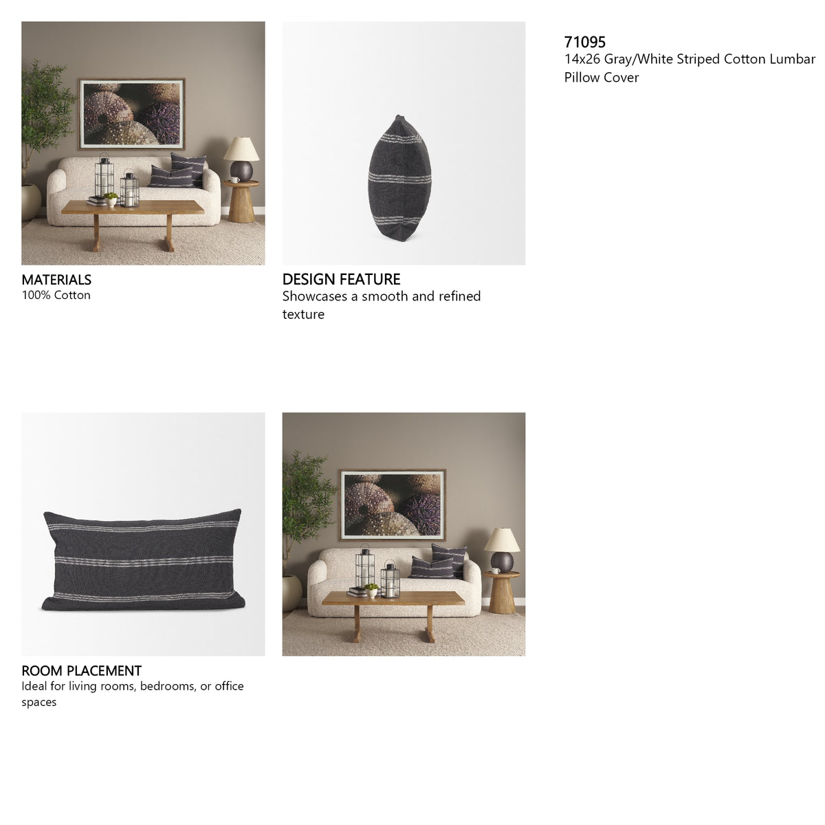 Jayme Gray and White Striped Cotton Decorative Lumbar Pillow Cover from Mercana - Luna Furniture