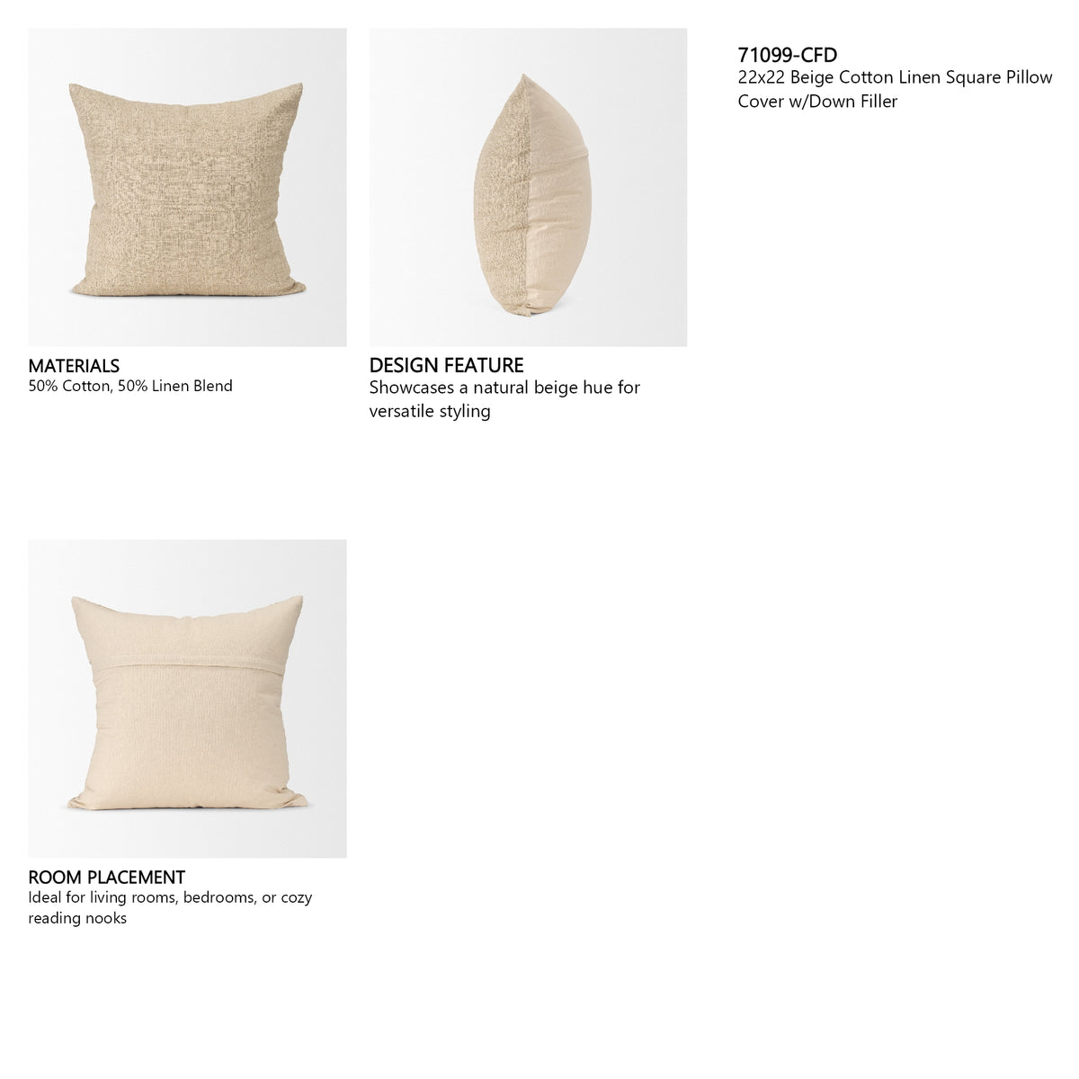 Jeren 22x22 Beige Cotton Linen Square Pillow Cover w/Down Filler, Set of 2 from Mercana - Luna Furniture