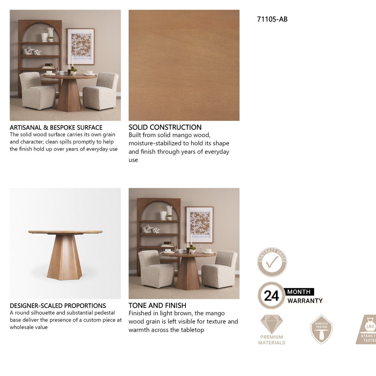 Jovani 48" Solid Light Brown Mango Wood Round Dining Table from Mercana - Luna Furniture