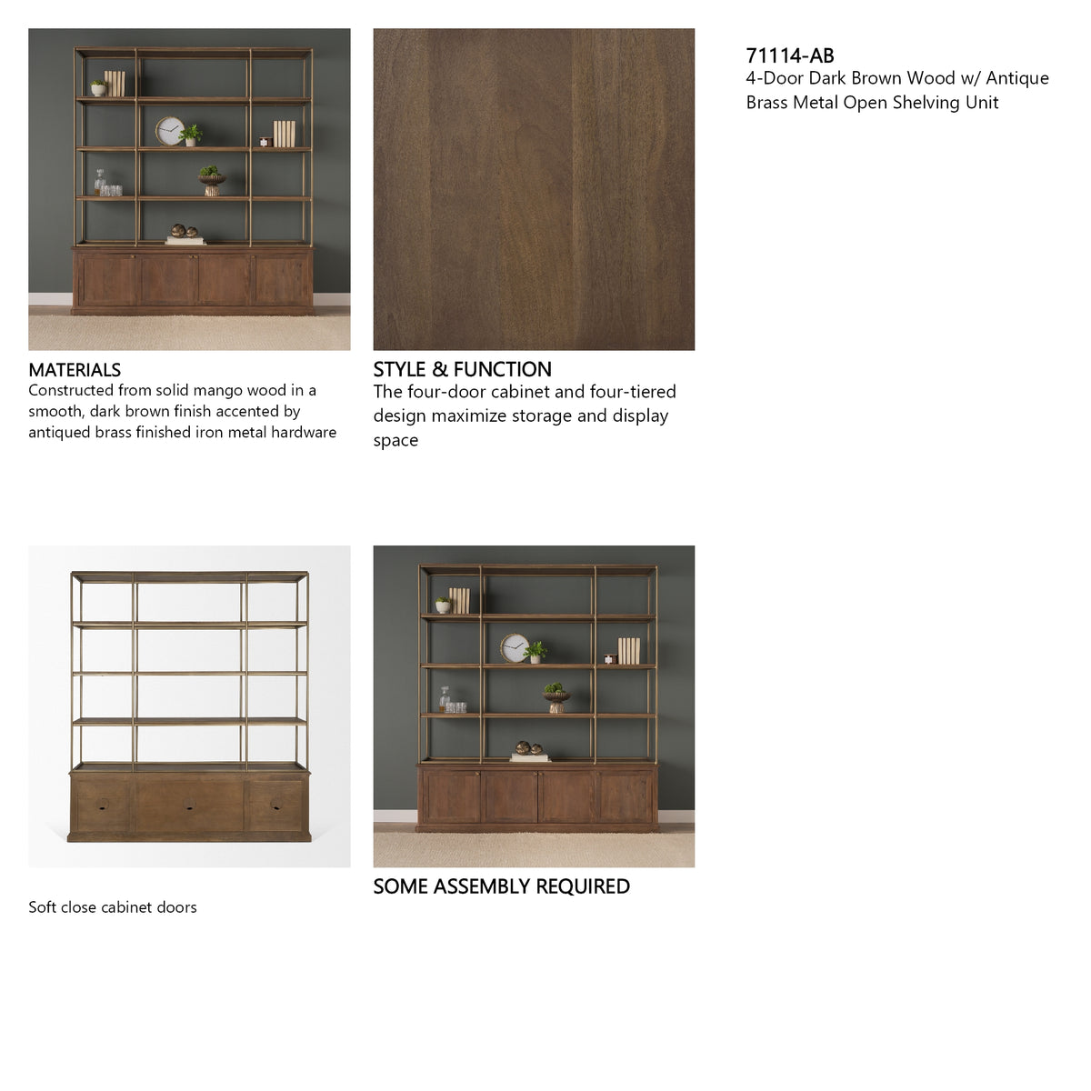 Baron 4-Door Dark Brown Wood w/ Antique Brass Metal Open Shelving Unit from Mercana - Luna Furniture
