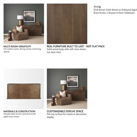 Baron Dark Brown Solid Wood w/ Antiqued Aged Brass Knobs 3-Drawer 6-Door Sideboard from Mercana - Luna Furniture