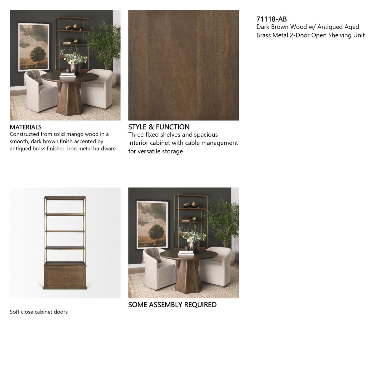 Baron Dark Brown Wood w/ Antiqued Aged Brass Metal 2-Door Open Shelving Unit from Mercana - Luna Furniture
