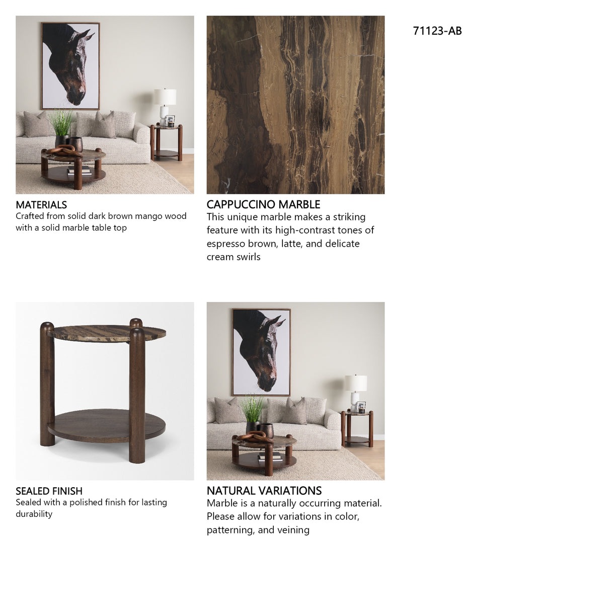 Jovia Brown Mango Wood W/ Cappuccino Marble Round Side Table from Mercana - Luna Furniture