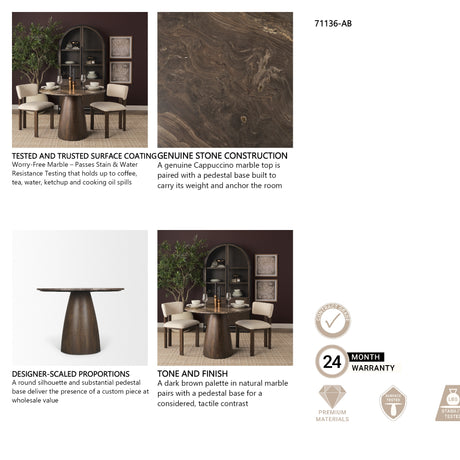 Allyson 42" Round Dark Brown w/ Cappuccino Marble Pedestal Dining Table from Mercana - Luna Furniture