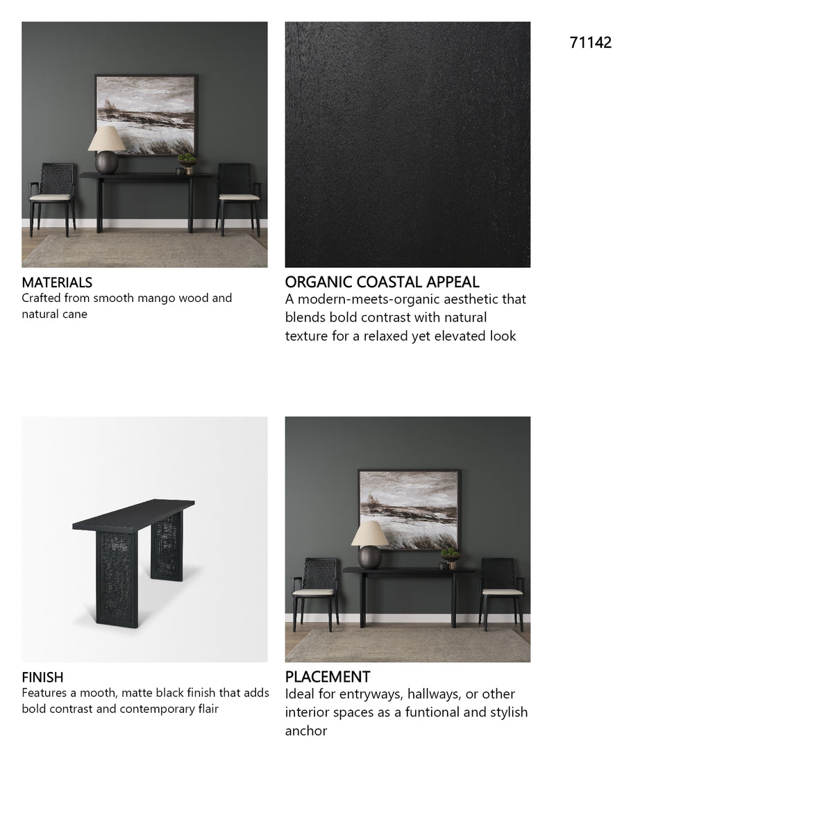 Grier 65" Black Wood w/ Black Cane Console Table