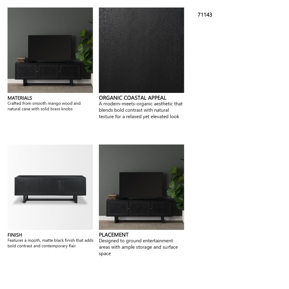 Grier 65" Black Solid Wood W/ Black Cane Media Console from Mercana - Luna Furniture