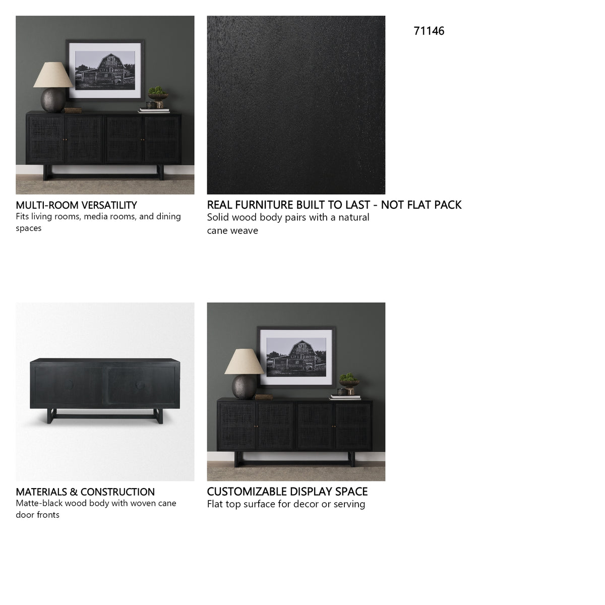 Grier 72" Black Wood W/ Black Cane Sideboard from Mercana - Luna Furniture