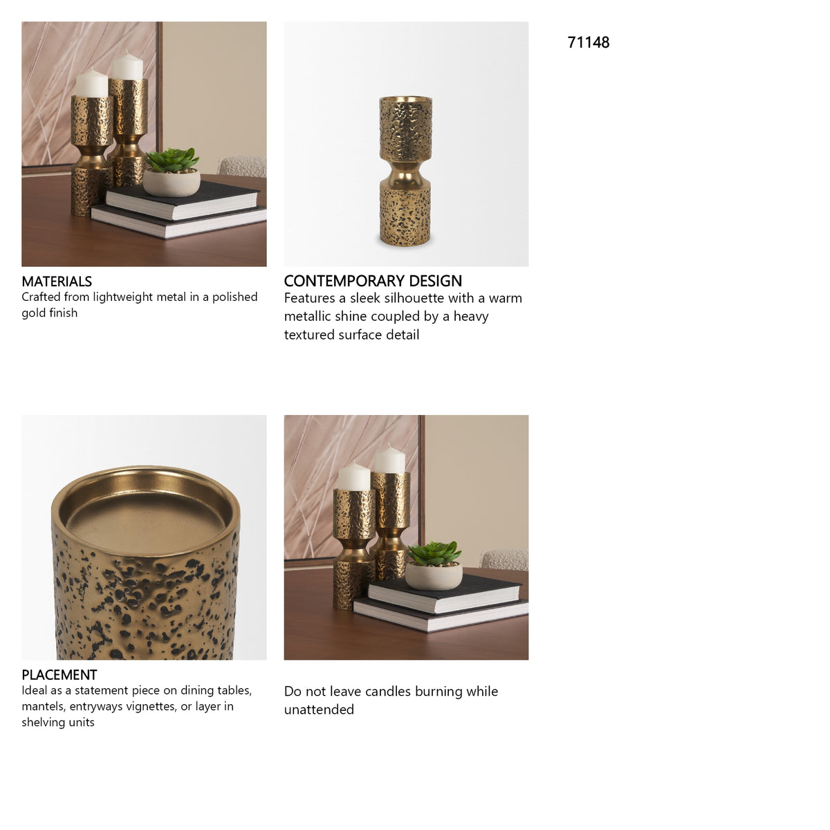 Akira Small Hammered Gold Metal Pillar Candle Holder from Mercana - Luna Furniture