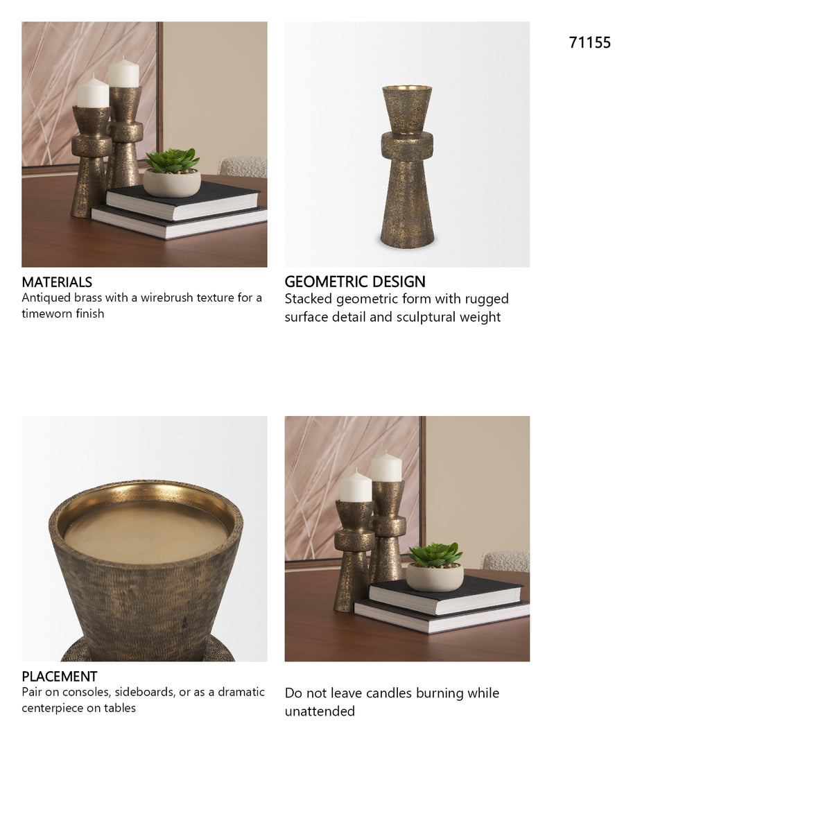 Odilia Large Textured Antiqued Gold Metal Geometric Pillar Candle Holder from Mercana - Luna Furniture