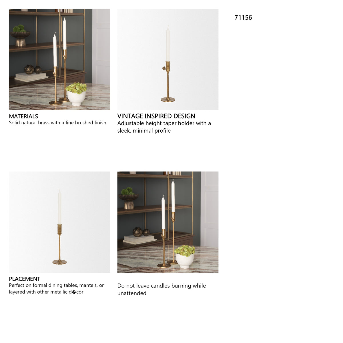 Chantria Small Solid Natural Brass Adjustable Taper Candle Holder