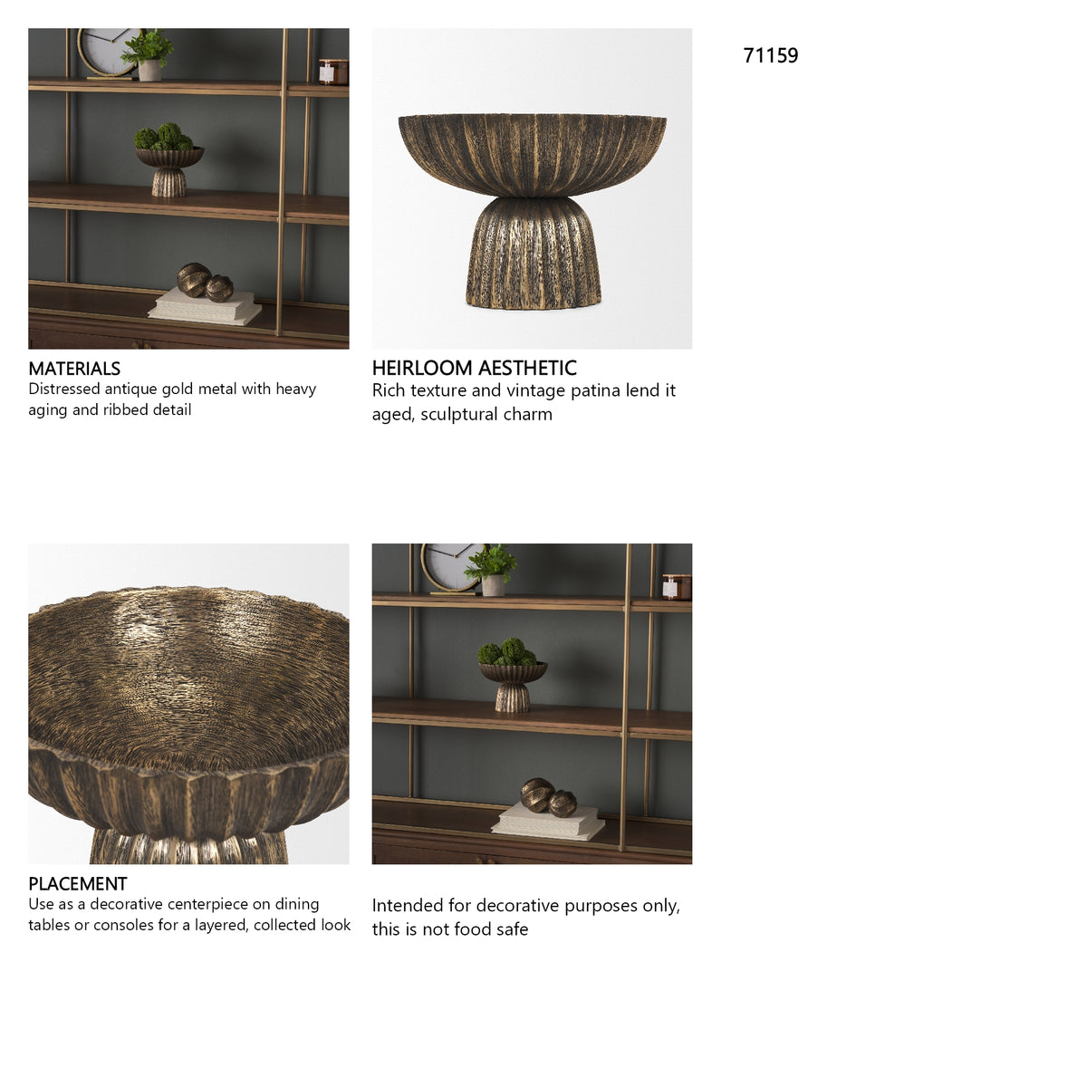 Ciaran Fluted Textured Antiqued Gold Metal Decorative Bowl
