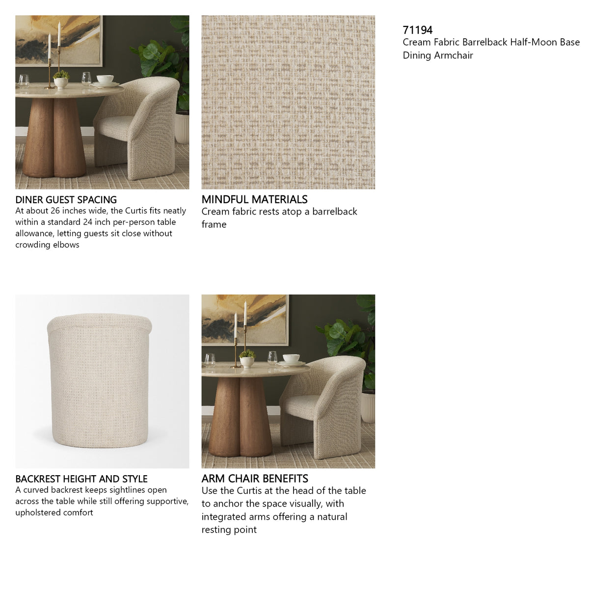 Curtis Cream Fabric Barrelback Half-Moon Base Dining Armchair