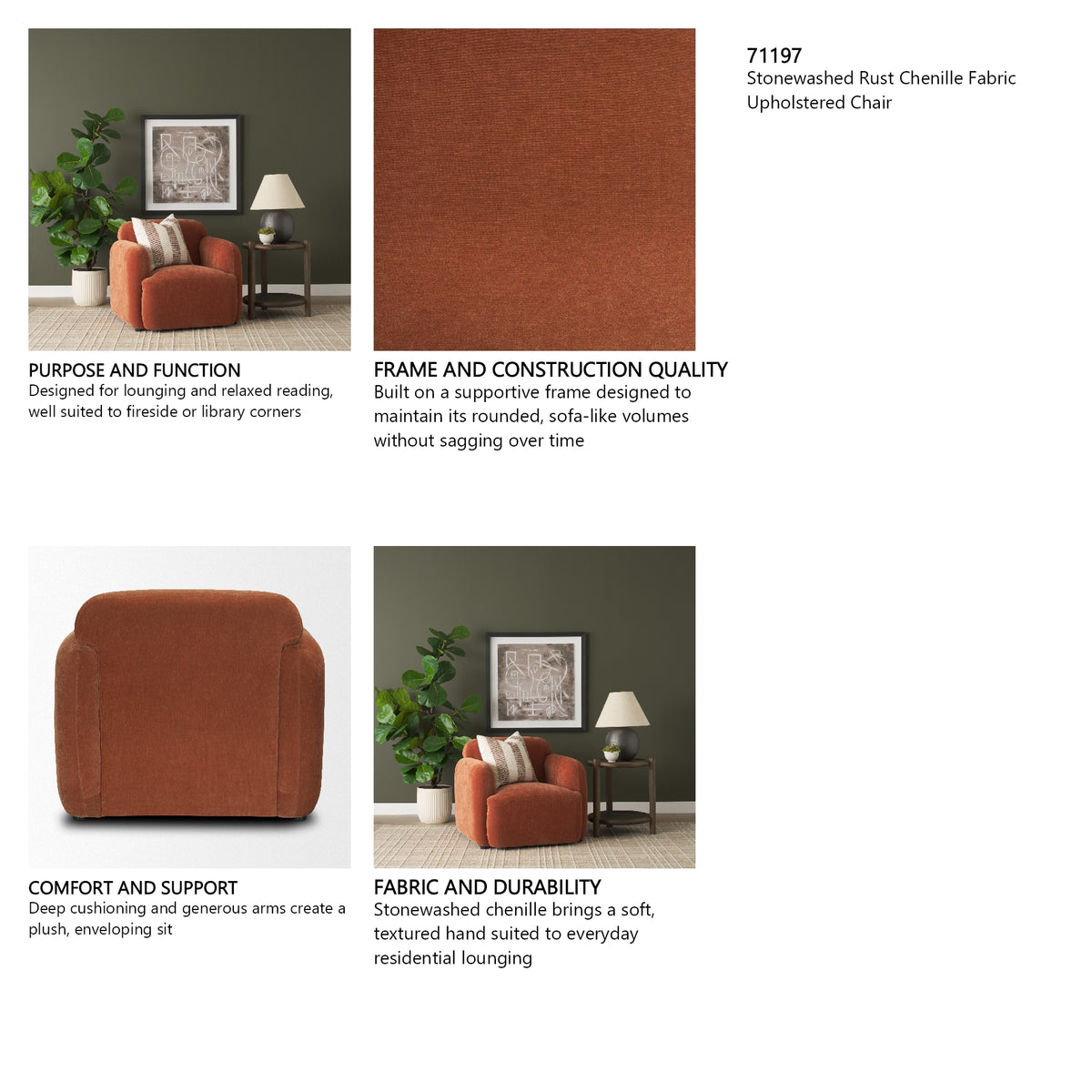 Saga Stonewashed Rust Chenille Fabric Upholstered Chair from Mercana - Luna Furniture