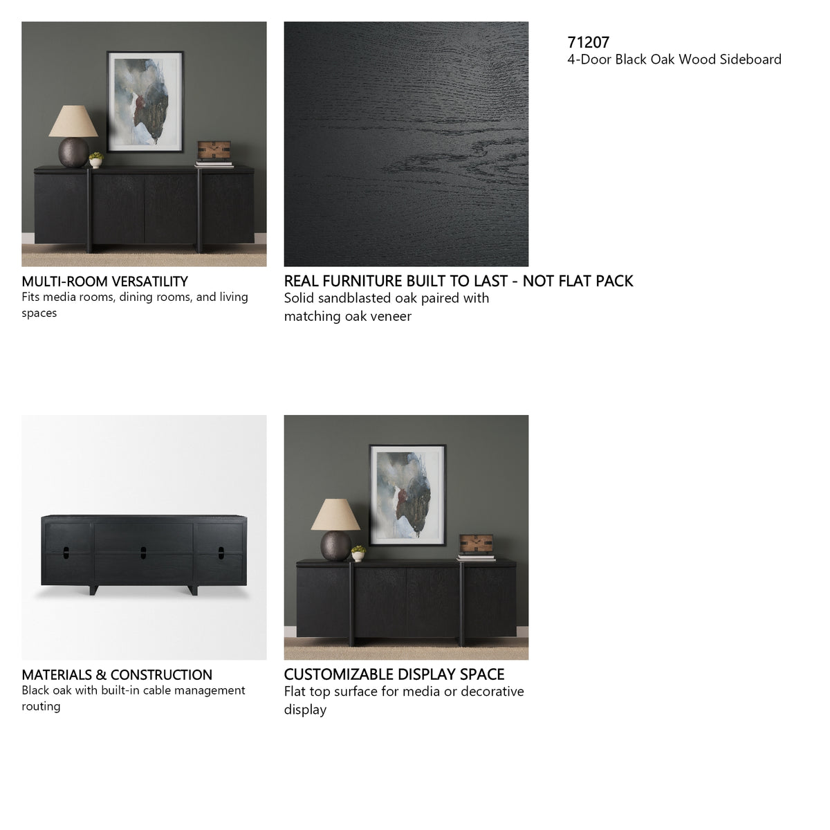 Rowan Black Oak Wood Closed 4 Door Sideboard from Mercana - Luna Furniture