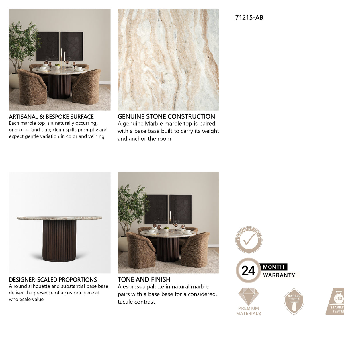 Marbrello 60" Pink Marble Top Espresso Brown Fluted Wood Round Dining Table from Mercana - Luna Furniture