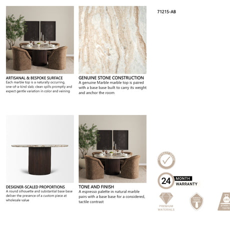 Marbrello 60" Pink Marble Top Espresso Brown Fluted Wood Round Dining Table from Mercana - Luna Furniture