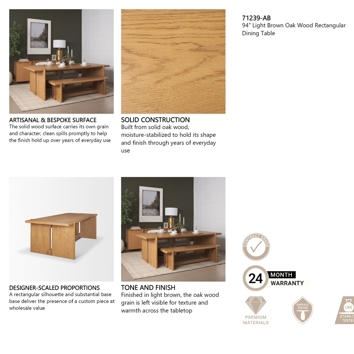 Rowan 94" Light Brown Oak Wood Rectangular Dining Table from Mercana - Luna Furniture