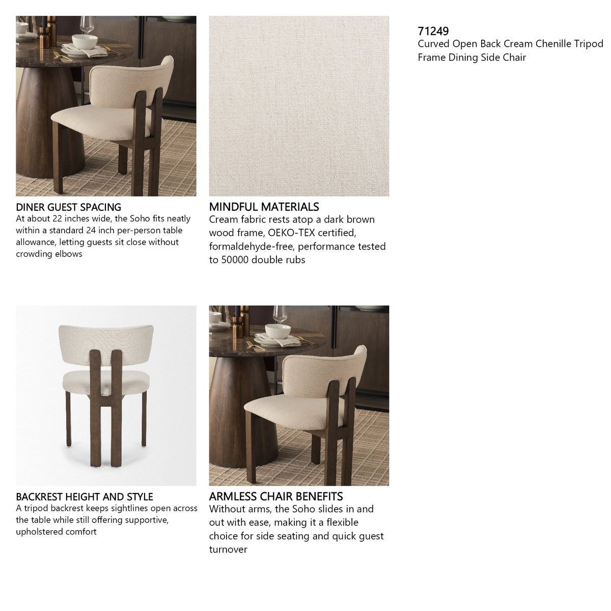 Soho Curved Open Back Cream Chenille Tripod Frame Dining Chair, Set of 2 from Mercana - Luna Furniture