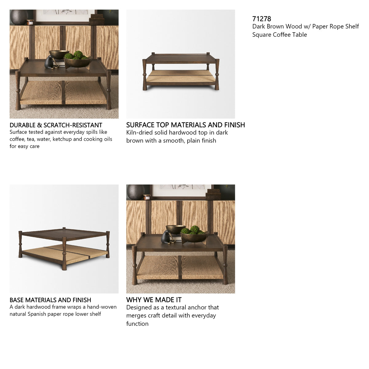 Bondi 42" Dark Brown Wood w/ Paper Rope Shelf Square Coffee Table from Mercana - Luna Furniture