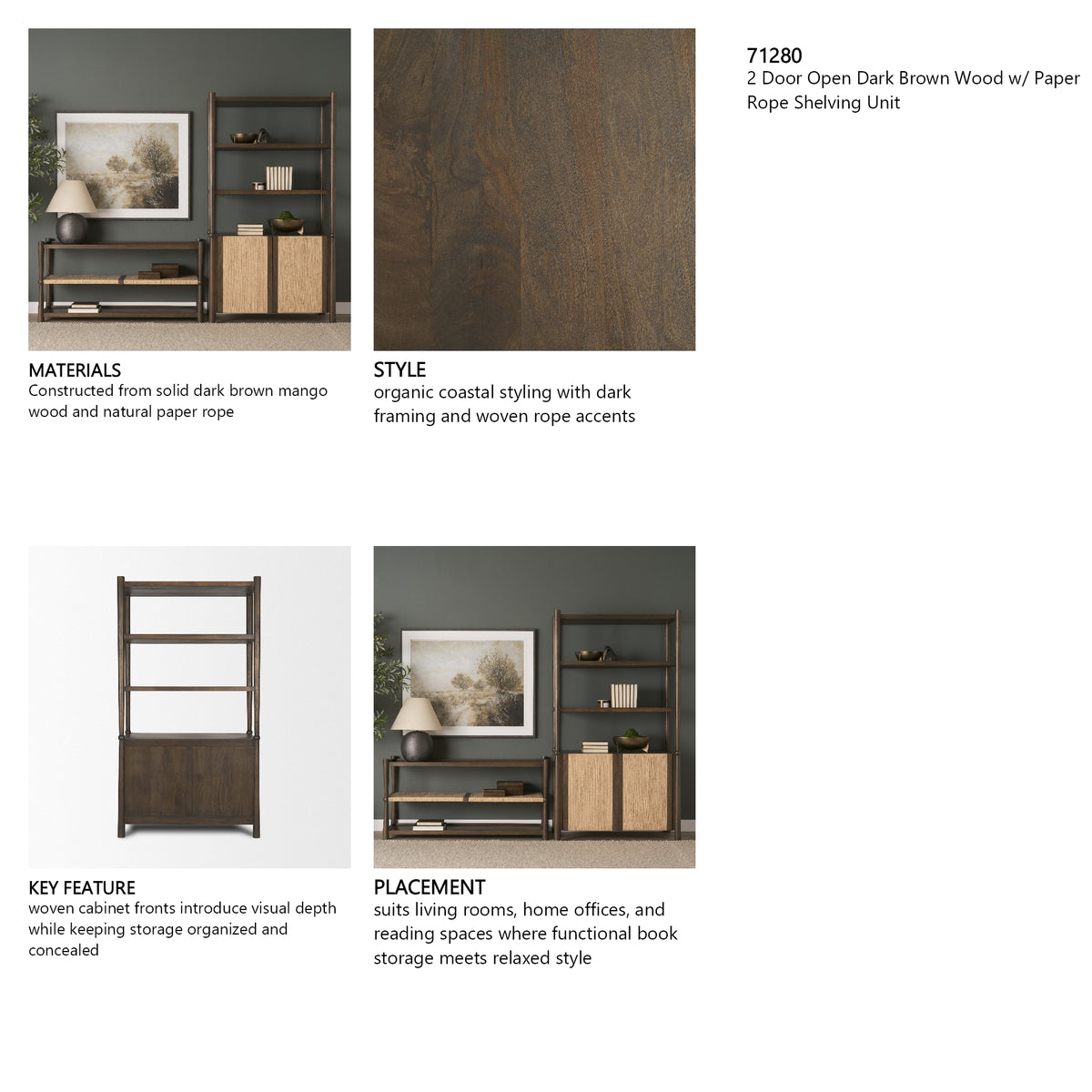 Bondi 2 Door Open Dark Brown Wood w/ Paper Rope Shelving Unit from Mercana - Luna Furniture