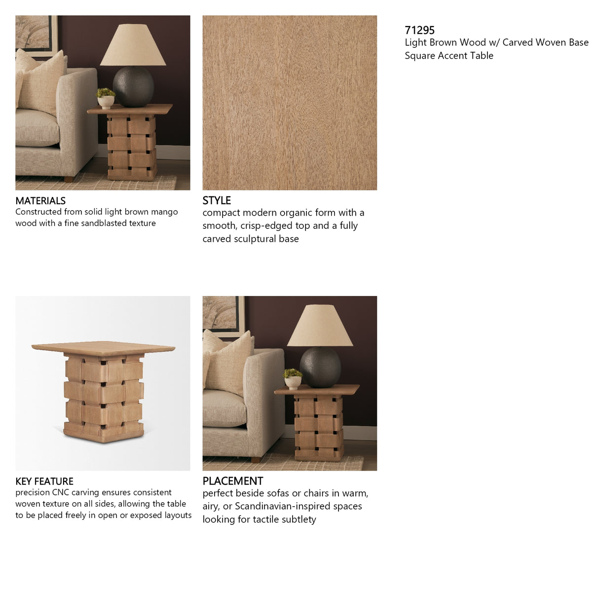 Trellyn Light Brown Wood w/ Carved Woven Base Square Accent Table