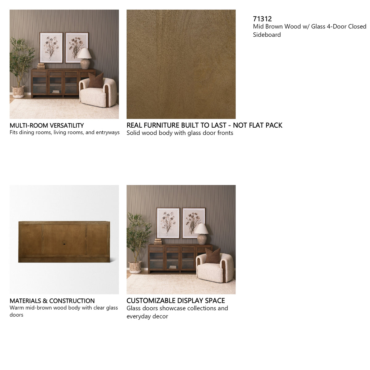 Suri Mid Brown Wood w/ Glass 4-Door Closed Sideboard
