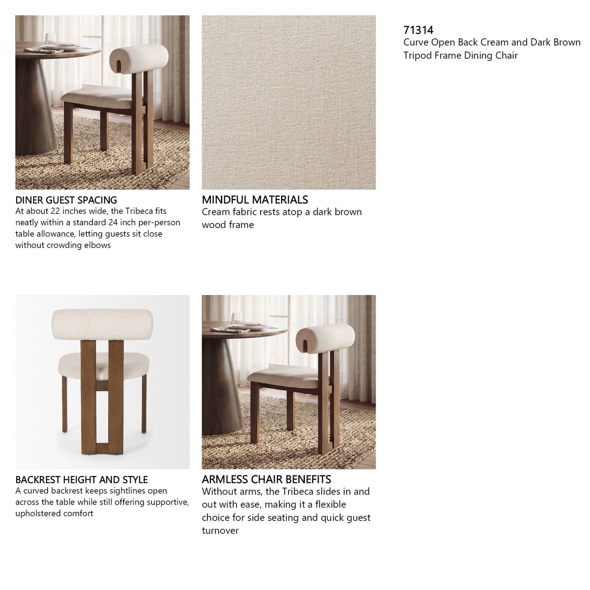 Tribeca Curve Open Back Cream and Dark Brown Tripod Frame Dining Chair from Mercana - Luna Furniture
